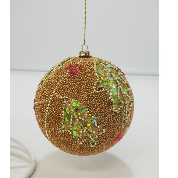 Vintage, Art Deco Style, Sequin Push Pin Gold Red Floral Christmas Ornament - Picture 1 of 3